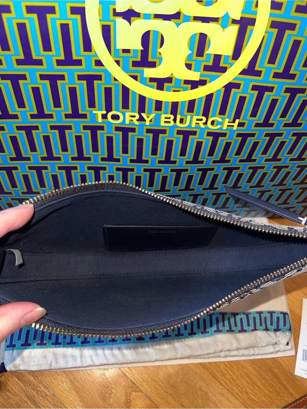 Tory Burch Navy Blue T Monogram Jacquard Mini Curved Hobo Bag